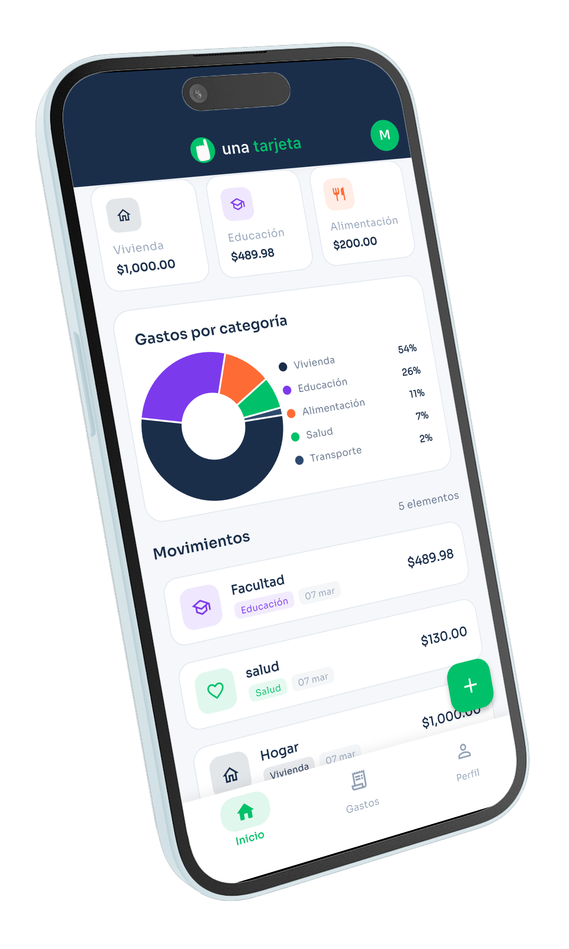 una tarjeta app — categorías y movimientos